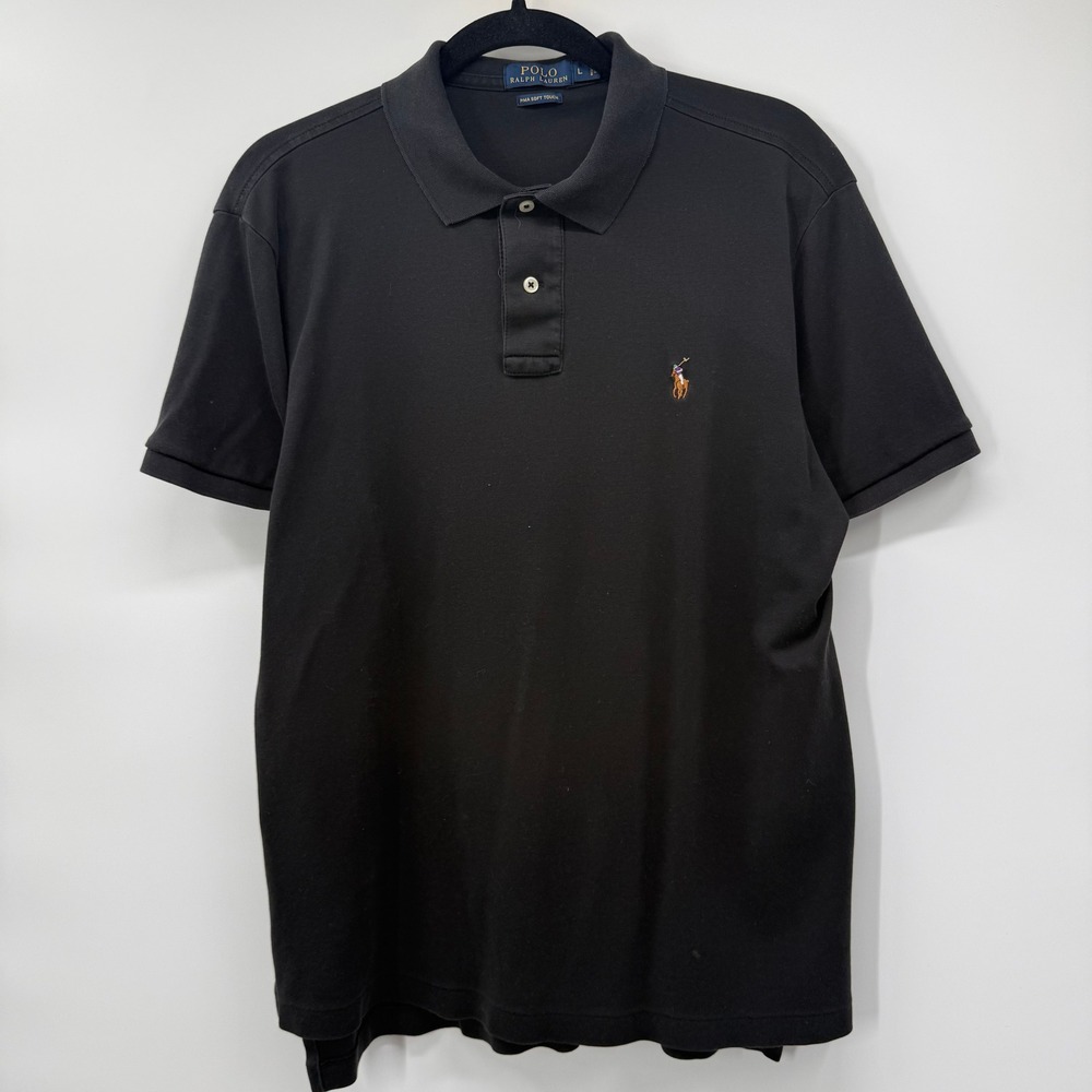 Polo Ralph Lauren Mens Large Polo Shirt Black Pima Soft Touch Short Sleeve Pony